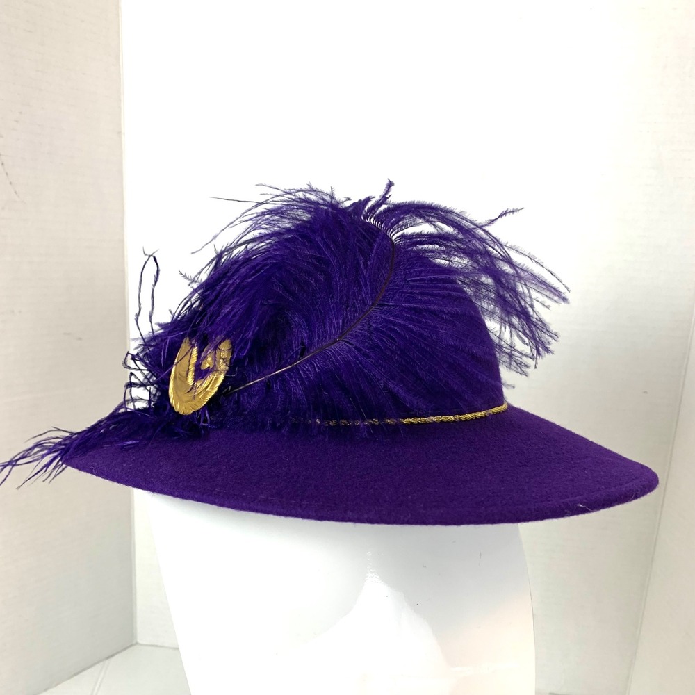 Vintage Purple Wool Ostrich Feather Wide Brim Hat Gold Brooch USA WPL 4384